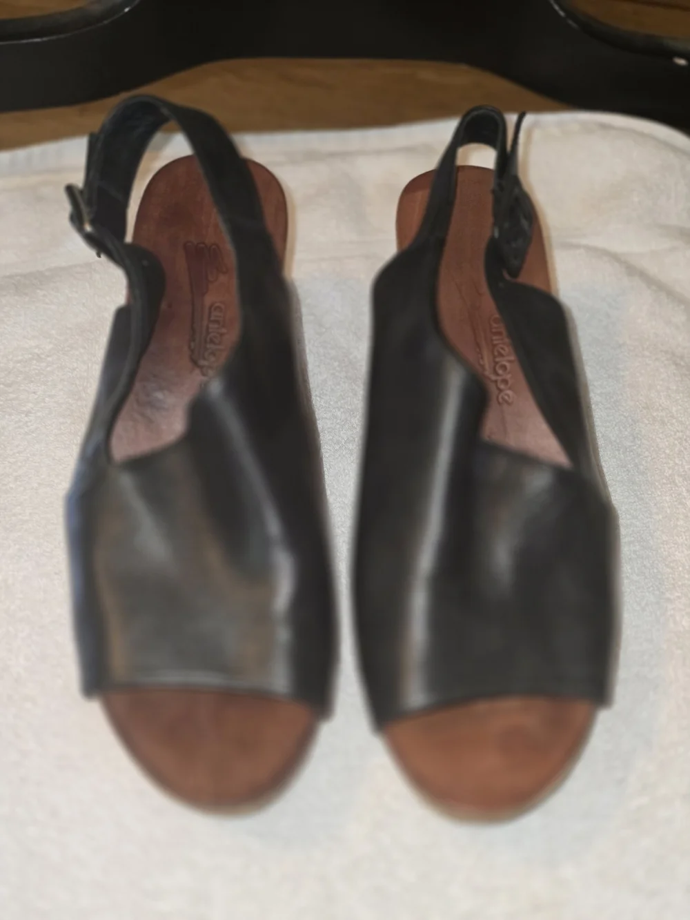 Antelope Black Leather Peep-Toe Slingback Wedge Sandals